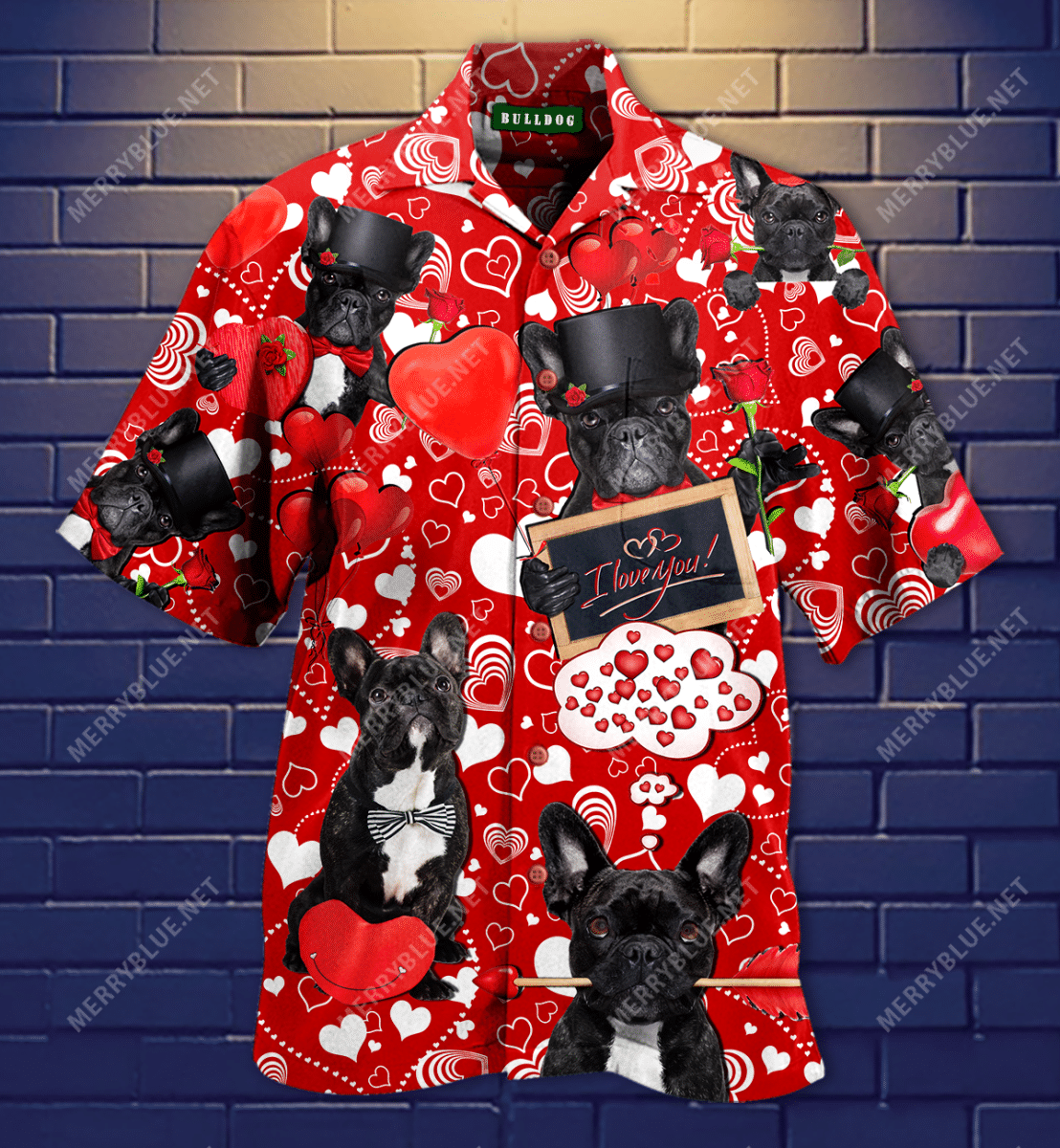 Happy Bulldog Valentine'S Day Hawaiian Aloha Shirt Hawaiian Shorts Beach Short Sleeve, Hawaiian Shirt Gift, Christmas Gift