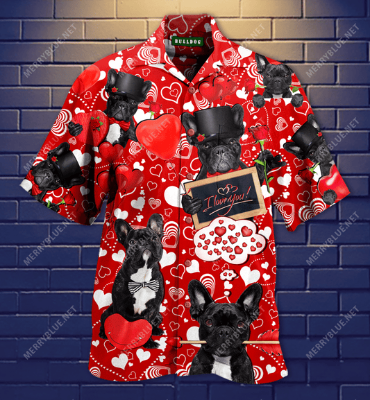 Happy Bulldog Valentine'S Day Hawaiian Aloha Shirt Hawaiian Shorts Beach Short Sleeve, Hawaiian Shirt Gift, Christmas Gift