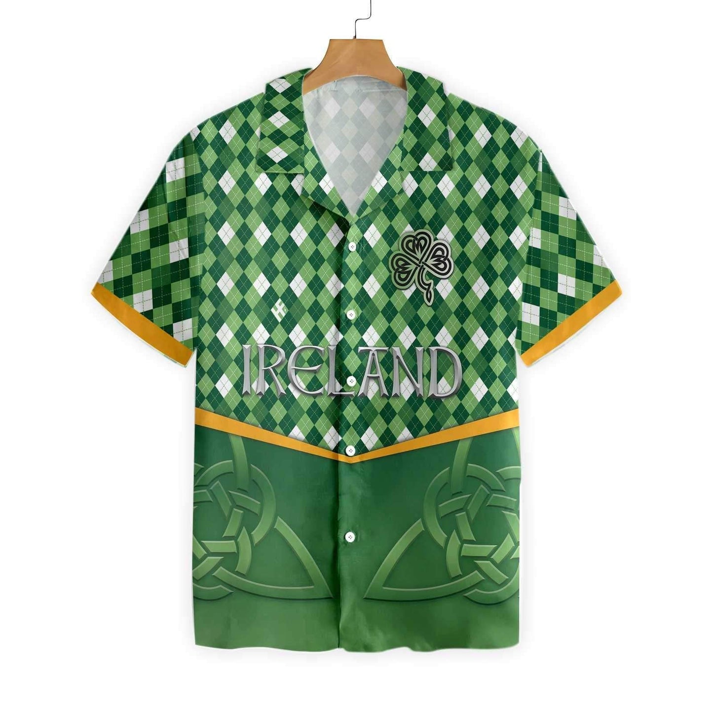 Ireland Green And White Rhombus With Celtic Custom Name Hawaiian Shirt, Hawaiian Shirt Gift, Christmas Gift
