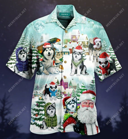 Merry Husky Christmas Unisex Hawaiian Aloha Shirt Hawaiian Shorts Beach Short Sleeve, Hawaiian Shirt Gift, Christmas Gift