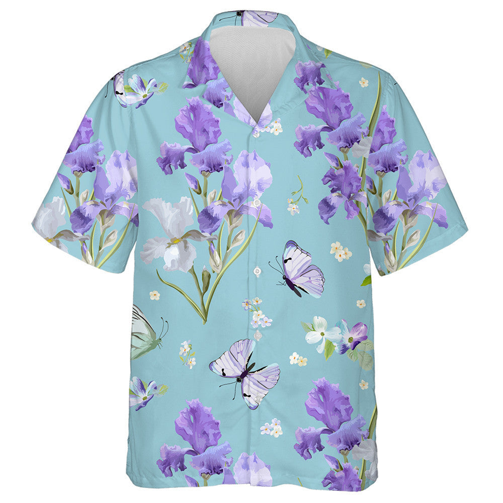 Theme Purple Blooming Iris Flowers And Flying Butterflies Hawaiian Shirt, Hawaiian Shirt Gift, Christmas Gift