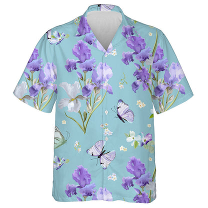 Theme Purple Blooming Iris Flowers And Flying Butterflies Hawaiian Shirt, Hawaiian Shirt Gift, Christmas Gift