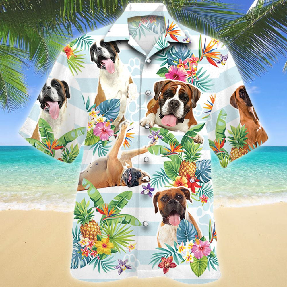 Funny Boxer Dog Tropical Flower And Leaves Pattern Hawaiian Shirt, Hawaiian Shirt Gift, Christmas Gift