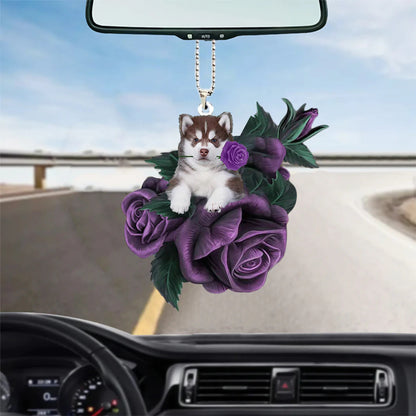 Husky In Purple Rose Car Hanging Ornament, Car Ornament Hanging With Dog, Christmas Decoration
