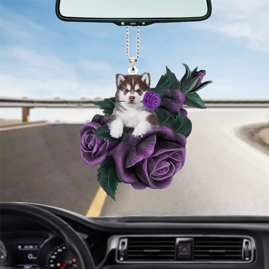 Husky In Purple Rose Car Hanging Ornament, Car Ornament Hanging With Dog, Christmas Decoration