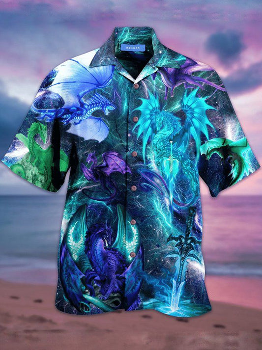 Fantasy Blue Dragon Hawaiian Aloha Shirt Unisex Shorts Sleeve Colorful Hawaiian Shorts Beach Short Sleeve_Hawaiian Shirt Gift, Christmas Gift