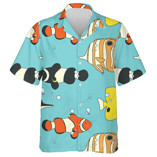Sea Animals Pattern With Butterflyfishes And Clownfishes Blue Theme Hawaiian Shirt, Hawaiian Shirt Gift, Christmas Gift