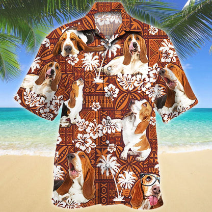 Charming Design Basset Hound Dog Red Tribal Pattern Hawaiian Shirt, Hawaiian Shirt Gift, Christmas Gift