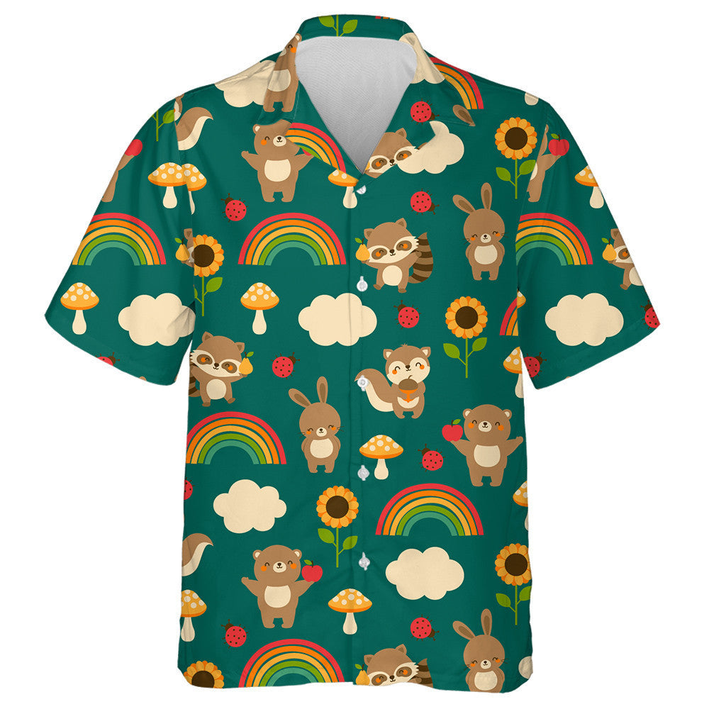 Cute Woodland Animals With Rainbow Sunflowers Mushroom And Clouds Hawaiian Shirt, Hawaiian Shirt Gift, Christmas Gift