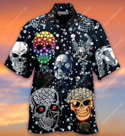 Shiny Diamond Skull Short Hawaiian Shirt Summer Short Sleeve Hawaiian Crazy Shirts Hawaiian Shirts For Men, Hawaiian Shirt Gift, Christmas Gift