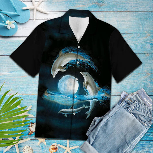 Dolphin Jumping Over Ocean Under The Moonlight Design Hawaiian Shirt, Hawaiian Shirt Gift, Christmas Gift