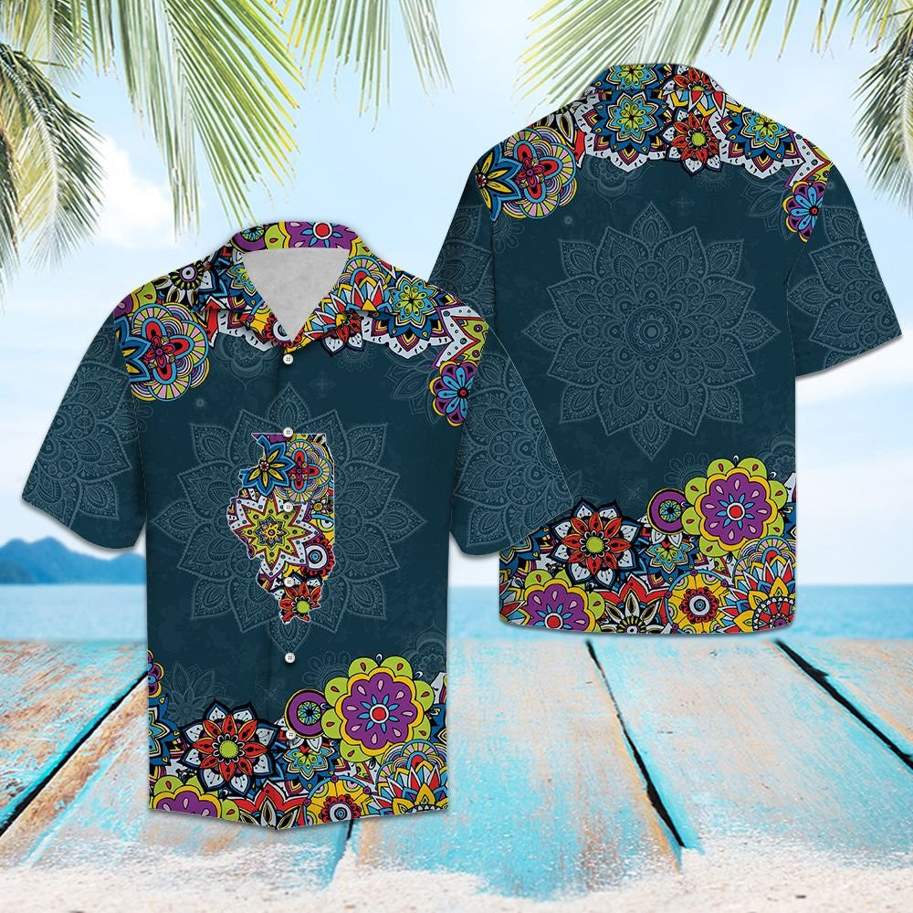 Map Of Illinois Mandala Style Flower Patchwork Hawaiian Shirt, Hawaiian Shirt Gift, Christmas Gift