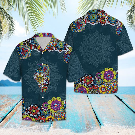 Map Of Illinois Mandala Style Flower Patchwork Hawaiian Shirt, Hawaiian Shirt Gift, Christmas Gift