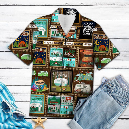 Retro Style Camping Life Stamp Collection Pattern Hawaiian Shirt, Hawaiian Shirt Gift, Christmas Gift