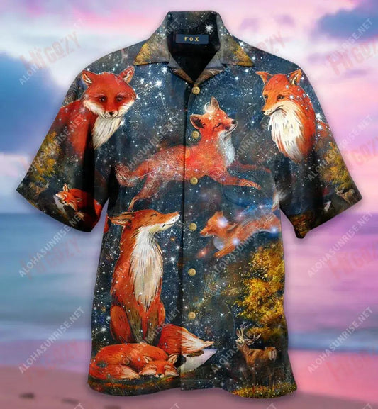 The Fox In The Starlight Unisex Short Hawaiian Shirt Hobbies Hawaiian T Shirts Tactical Hawaiian Shirt Funny Hawaiian Shirts, Hawaiian Shirt Gift, Christmas Gift