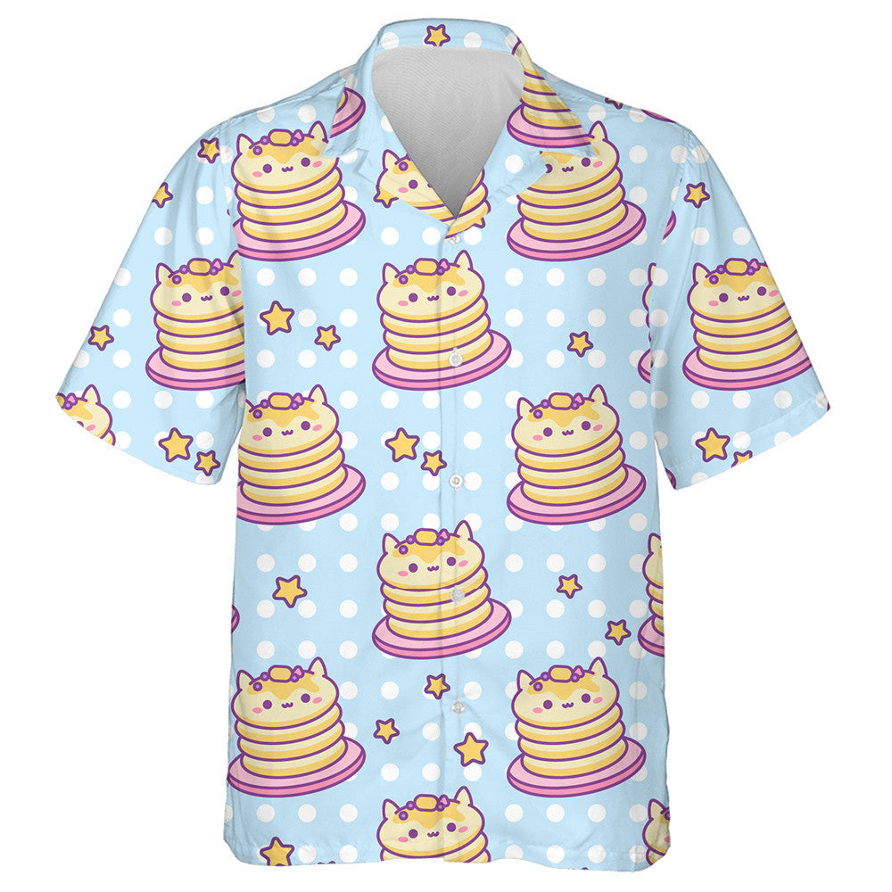 Smiling Pancakes Cat Sweet Blue Polka Dot Background Hawaiian Shirt, Hawaiian Shirt Gift, Christmas Gift