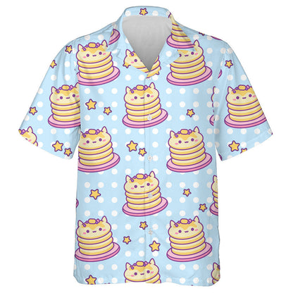 Smiling Pancakes Cat Sweet Blue Polka Dot Background Hawaiian Shirt, Hawaiian Shirt Gift, Christmas Gift