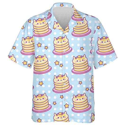 Smiling Pancakes Cat Sweet Blue Polka Dot Background Hawaiian Shirt, Hawaiian Shirt Gift, Christmas Gift