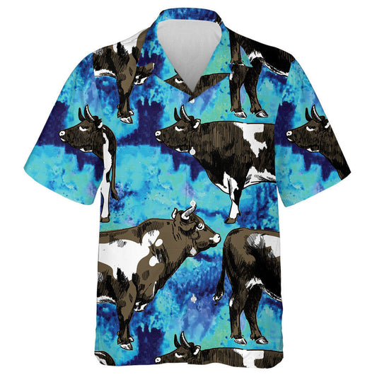 Hand Draw Vintage Cows And Bulls Blue Watercolor Hawaiian Shirt, Hawaiian Shirt Gift, Christmas Gift
