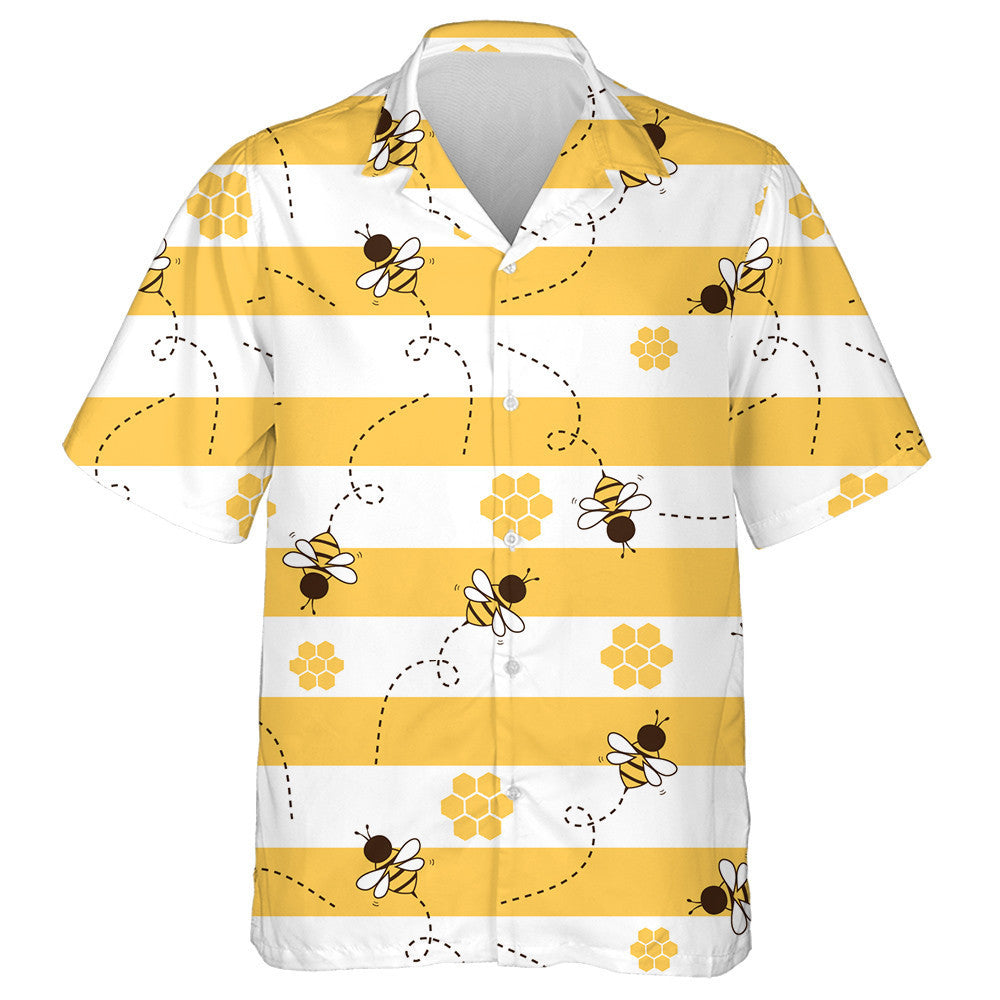 Bee Cartoons And Honeycomb On Yellow White Stripe Hawaiian Shirt, Hawaiian Shirt Gift, Christmas Gift
