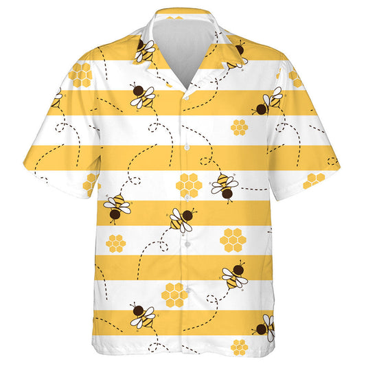 Bee Cartoons And Honeycomb On Yellow White Stripe Hawaiian Shirt, Hawaiian Shirt Gift, Christmas Gift