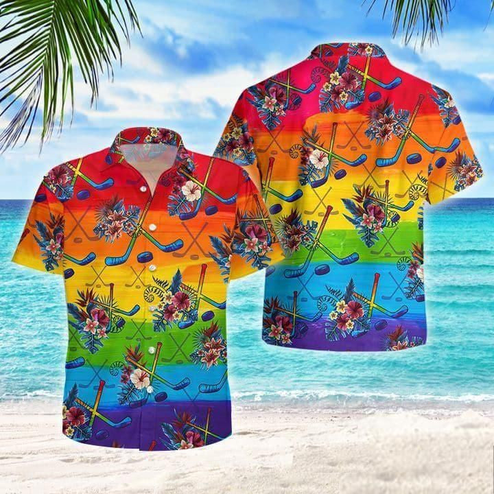 Lgbt Proud Hockey With Flowers Tropical Design Hawaiian Shirt, Hawaiian Shirt Gift, Christmas Gift