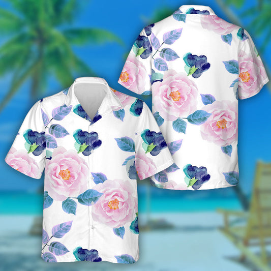 Watercolor Pattern Of Roses Violets On White Background Hawaiian Shirt, Hawaiian Shirt Gift, Christmas Gift