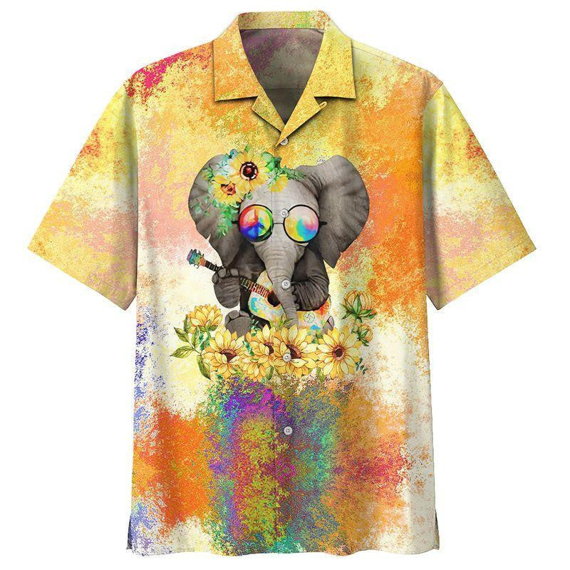 Hippie Elephant With Sunflower Design Hawaiian Shirt, Hawaiian Shirt Gift, Christmas Gift