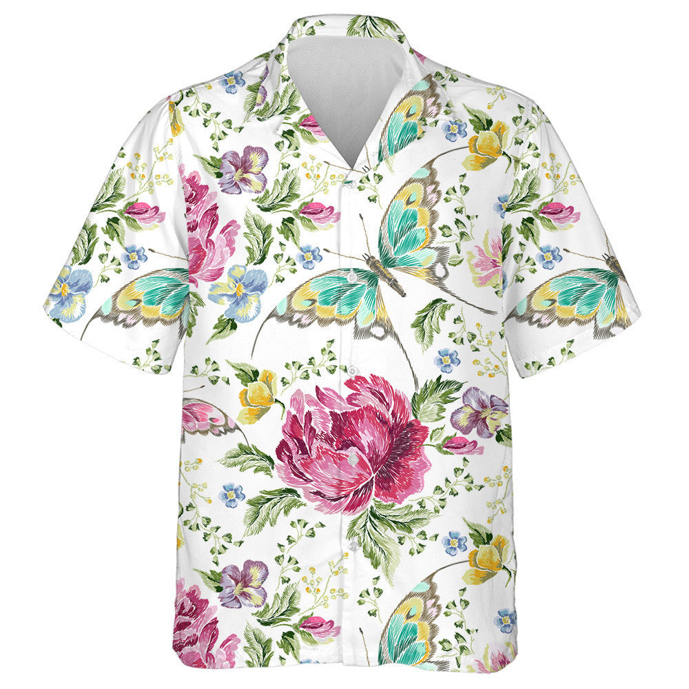 Trendy Embroidery Butterfly With Roses Violets Hawaiian Shirt,Hawaiian Shirt Gift, Christmas Gift