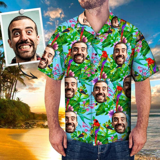 Summer Time With Parrot And Tropical Leaves Custom Photo Hawaiian Shirt, Hawaiian Shirt Gift, Christmas Gift