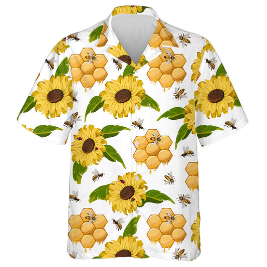 Ladybuds Bees Honeycombs And Sunflowers In A Color Pattern Hawaiian Shirt, Hawaiian Shirt Gift, Christmas Gift