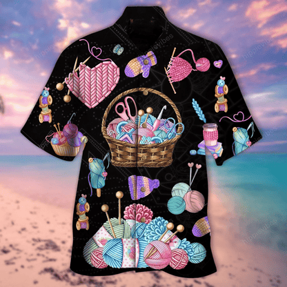 Knitting Is My Love Cute Pattern Black Theme Hawaiian Shirt, Hawaiian Shirt Gift, Christmas Gift
