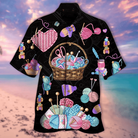 Knitting Is My Love Cute Pattern Black Theme Hawaiian Shirt, Hawaiian Shirt Gift, Christmas Gift