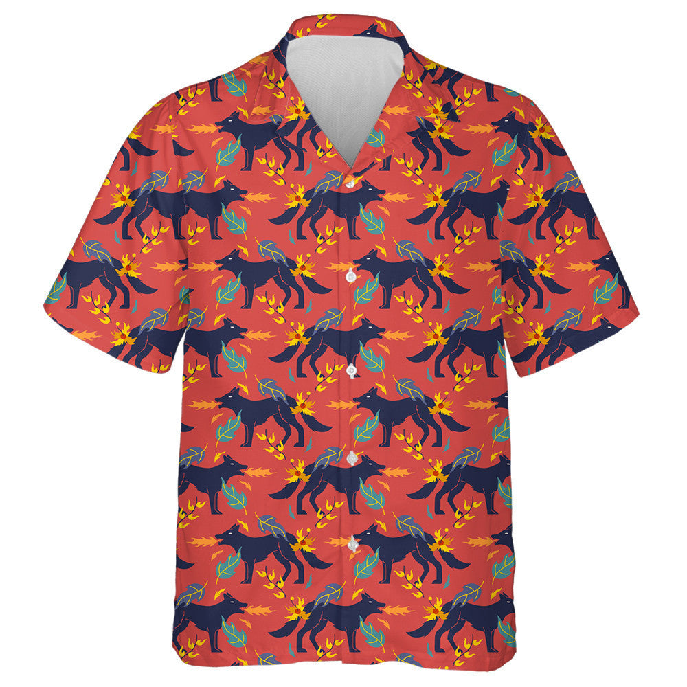 Cartoon Wolf Fire And Floral Element Hawaiian Shirt, Hawaiian For Gift