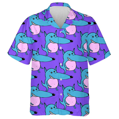 Hand Drawn Blue And Pink Wolfs Hawaiian Shirt, Hawaiian For Gift