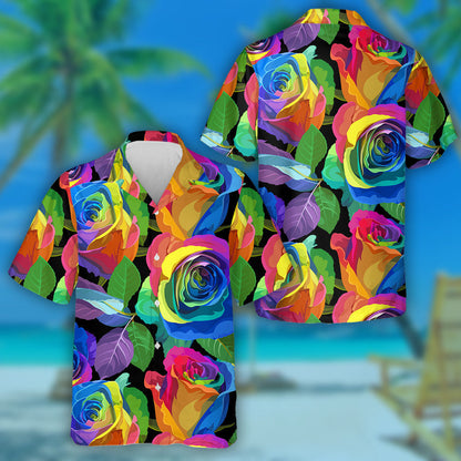 Oil Painting Multicolored Roses On Black Background Hawaiian Shirt, Hawaiian Shirt Gift, Christmas Gift