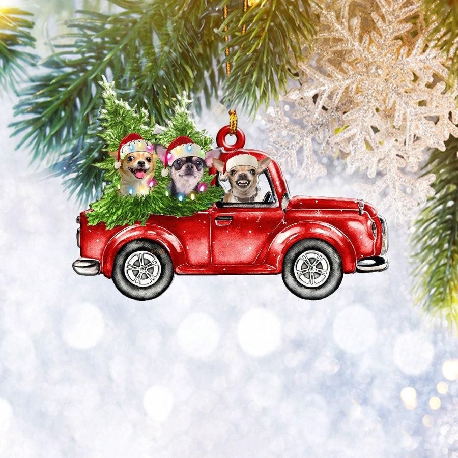 Chihuahua Red Truck Flat 2D Christmas Ornament, Pet Dog Lover Gifts, Christmas Tree Ornament, Home Decor, Christmas Gift, Christmas Decoration