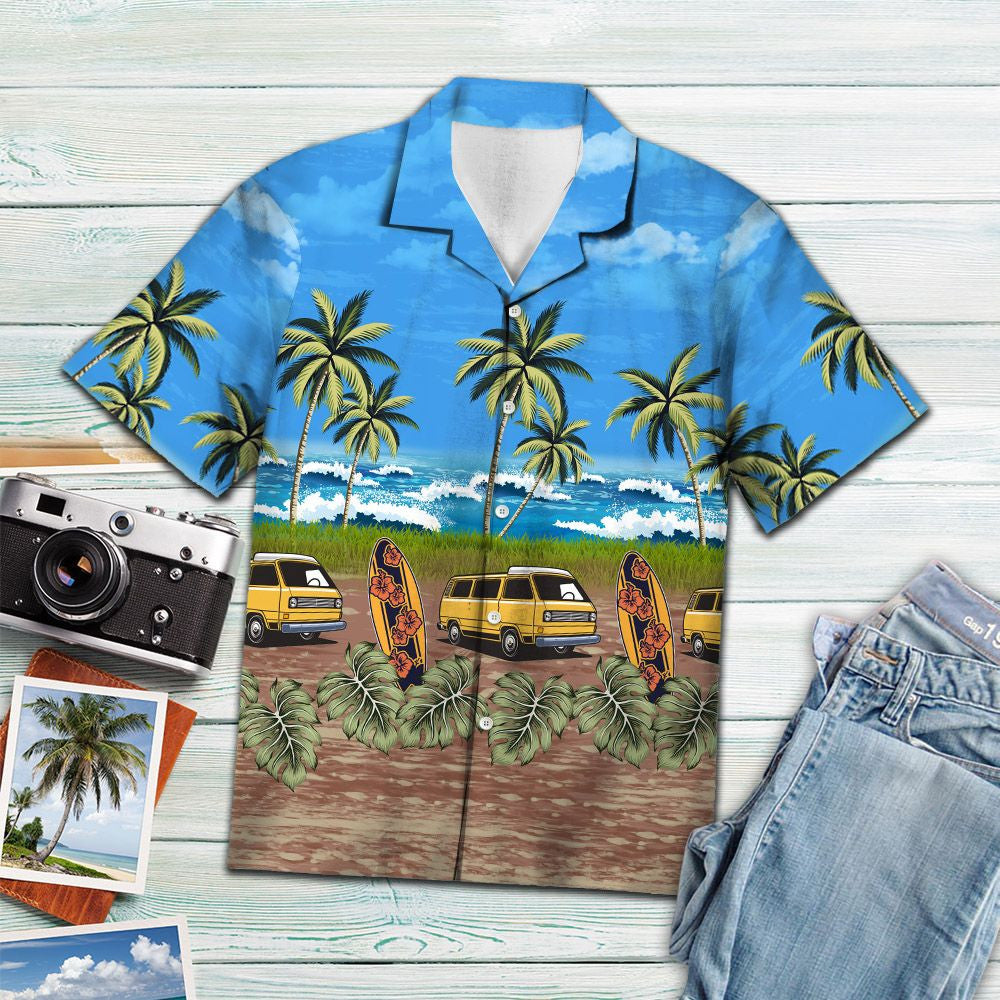 Tropical Camping Car Surfboard And Palm Leaves Pattern Hawaiian Shirt, Hawaiian Shirt Gift, Christmas Gift