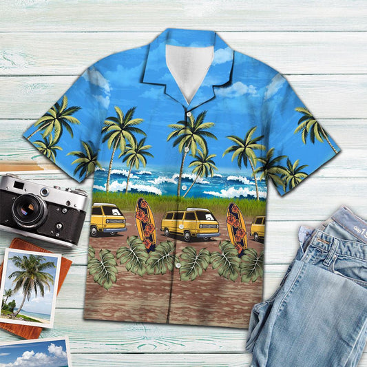 Tropical Camping Car Surfboard And Palm Leaves Pattern Hawaiian Shirt, Hawaiian Shirt Gift, Christmas Gift