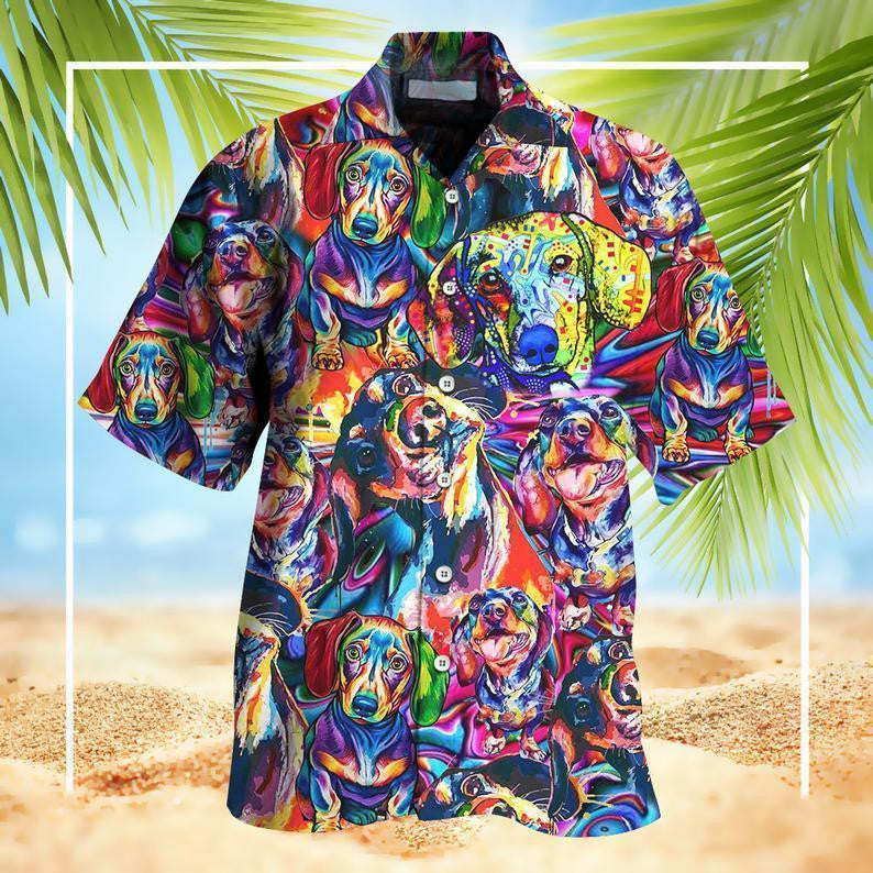 Dachshund Dog Neon Color Pattern Hawaiian Shirt,Hawaiian Shirt Gift, Christmas Gift