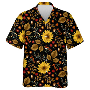 Autumn Sunflowers With Black Background Pattern Hawaiian Shirt, Hawaiian For Gift