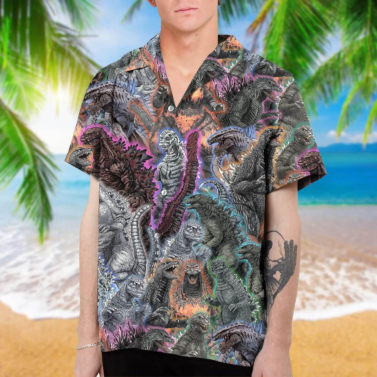 Giant Godzilla Evolution Artwok Hawaiian Shirt,Hawaiian Shirt Gift, Christmas Gift