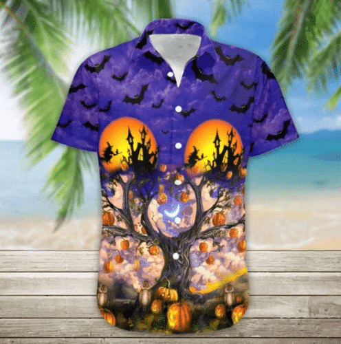Purple Night Halloween Sky With Full Of Bats Background Hawaiian Shirt, Hawaiian Shirt Gift, Christmas Gift