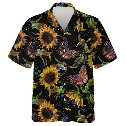 Awesome Embroidery Sunflowers And Butterflies On Black Background Hawaiian Shirt, Hawaiian Shirt Gift, Christmas Gift