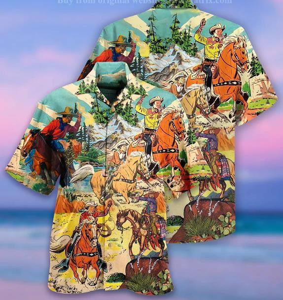 Cowboy Real Men Ride Horse Hand Drawn Pattern Hawaiian Shirt, Hawaiian Shirt Gift, Christmas Gift