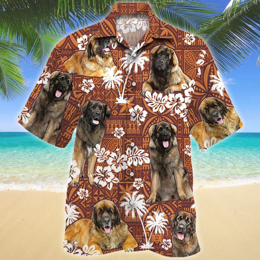 Leonberger Dog Red Tribal Pattern Brown Theme Hawaiian Shirt, Hawaiian Shirt Gift, Christmas Gift