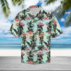 Flamingo Seeking Food With Tropical Leaves Hawaiian Shirt,Hawaiian Shirt Gift, Christmas Gift