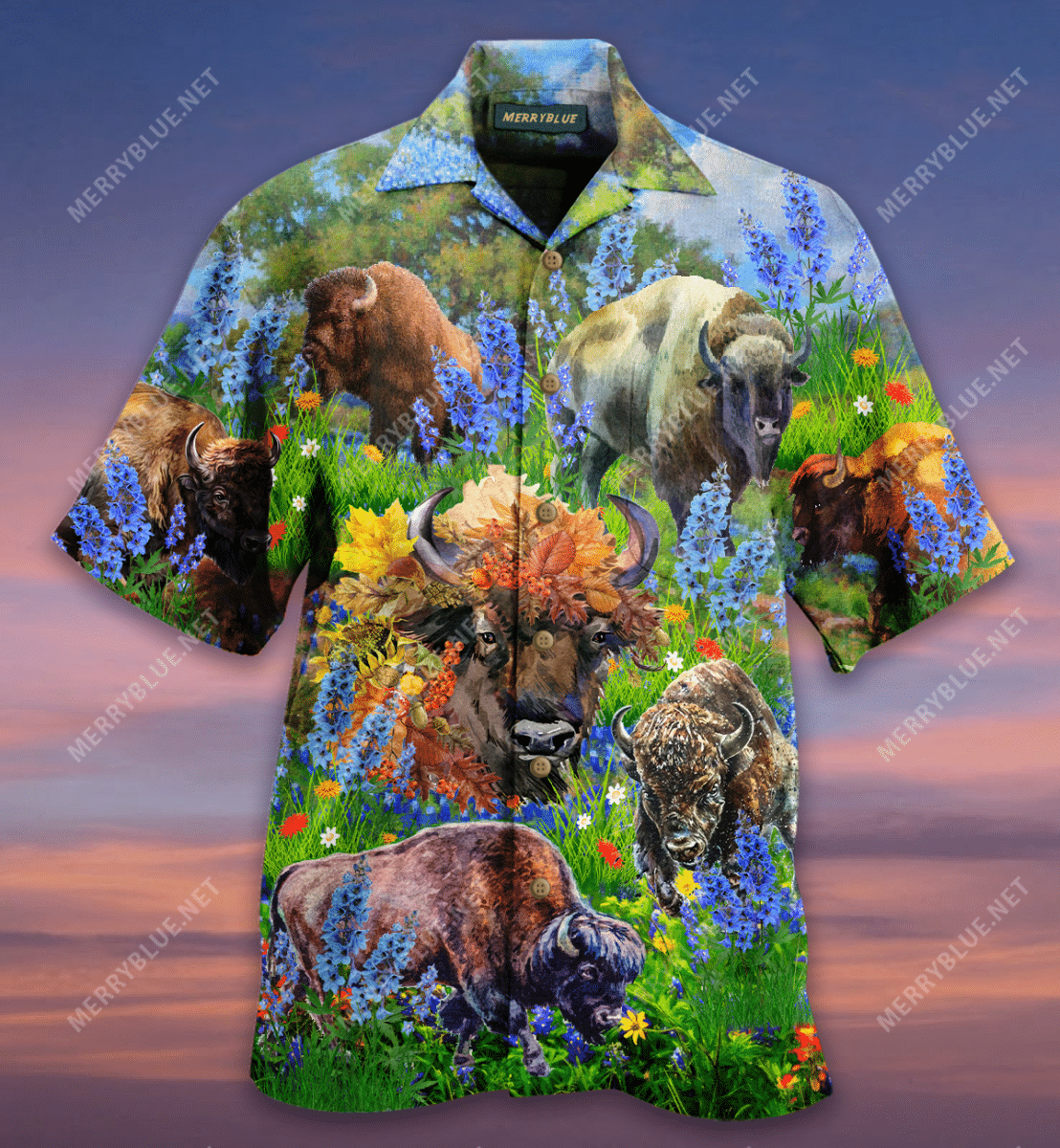 Bison In Spring Field Hawaiian Aloha Shirt Hawaiian Shorts Beach Short Sleeve, Hawaiian Shirt Gift, Christmas Gift