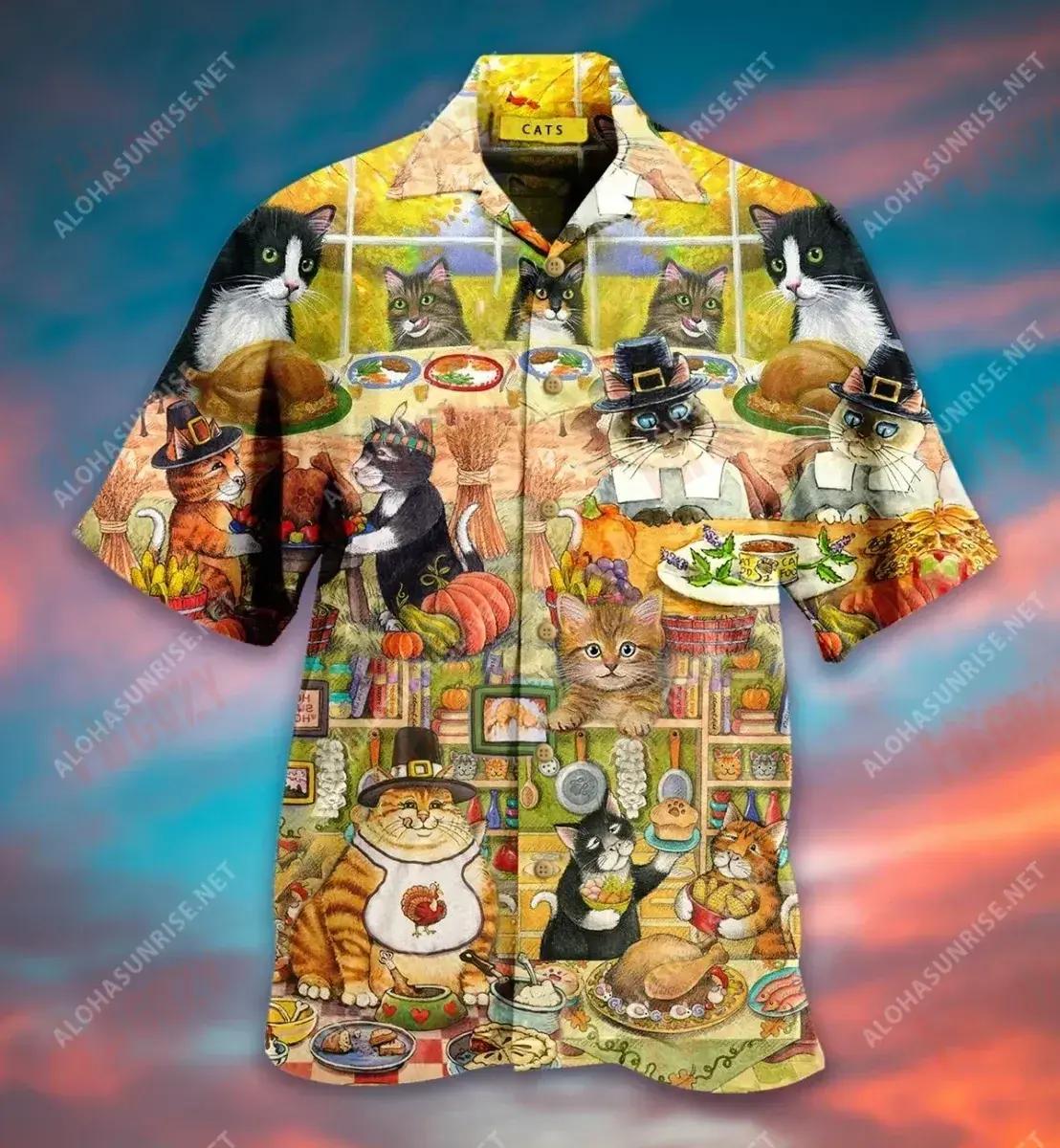 Happy Thanksgiving With Cats Short Hawaiian Shirt Ocean Short Sleeve Best Hawaiian Shirts Hawaiian Shirts For Men, Hawaiian Shirt Gift, Christmas Gift