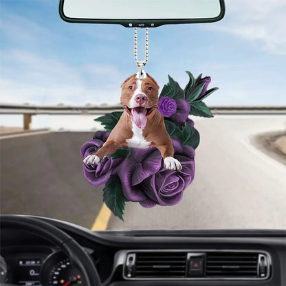 Pitbull In Purple Rose Car Hanging Ornament, Car Ornament Gifts, Christmas Decoration